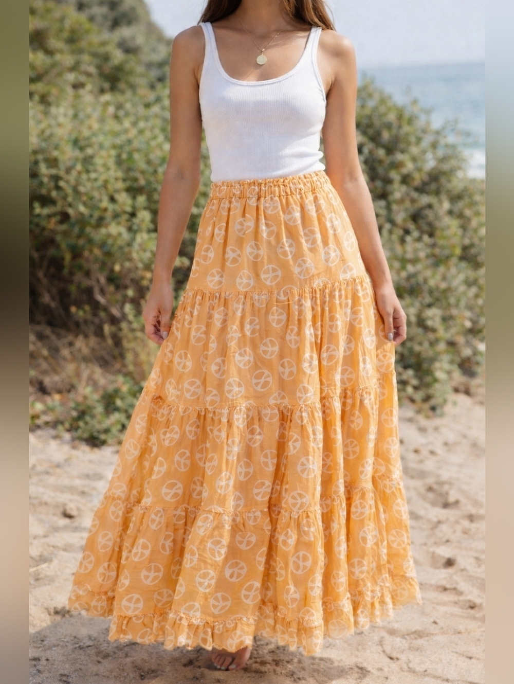 Raj Boho Tiered Maxi Skirt Peace Sign Print NWT